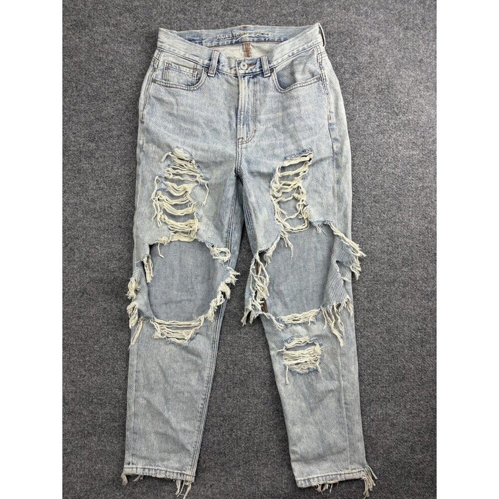 American Eagle Mom Jeans Womens 4 Light Wash High Rise Distressed 28x27.5 Denim